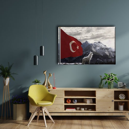 Bozkurtlu Türk Bayrağı Kanvas Tablo 