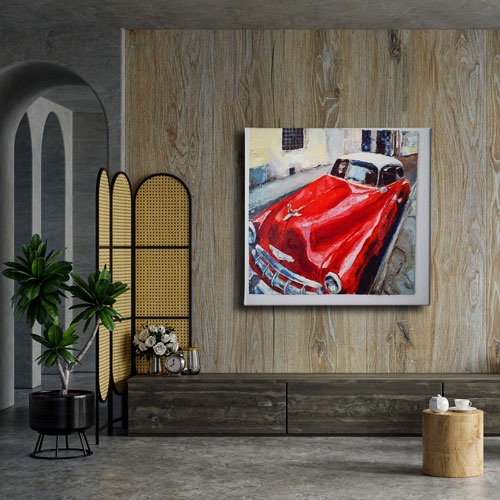 Yağlı Boya Kırmızı Araba Canvas Tablo 